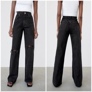 Zara Ripped Wide Leg Jeans Black